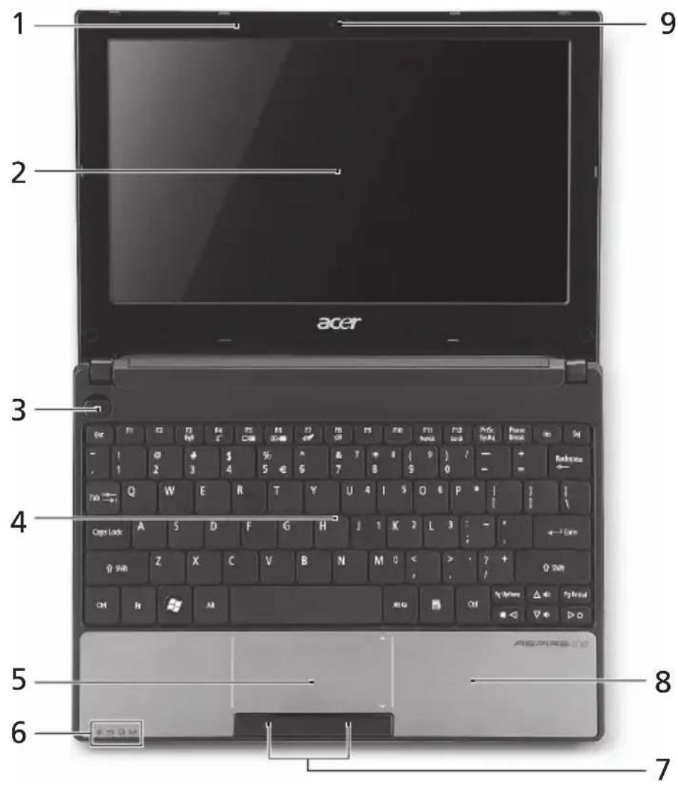 1 2 9 3 4 5 6 8 7 Acer Aspire. Keyboard layout with function keys F1-F12, number row, and letters. Includes labels: Acer, Aspire, and CD-ROM drive.