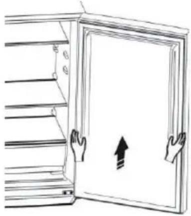 Line drawing of a door with two hands opening, showing an upward arrow (no text or symbols)