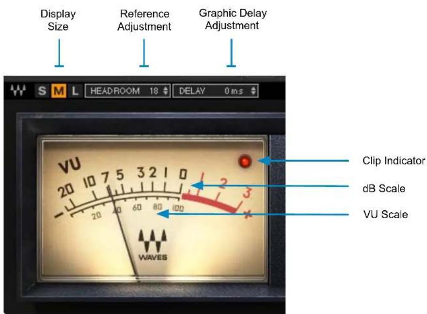Display Size Reference Adjustment Graphic Delay Adjustment HEADROOM 18 DELAY 0 ms VU 20 10 7 5 3 2 1 0 - 20 40 60 80 100 WAVES Clip Indicator dB Scale VU Scale