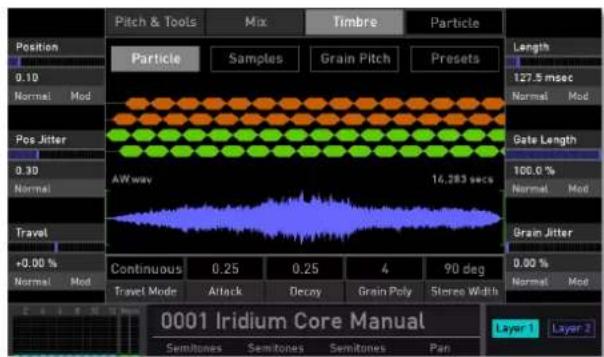 Pitch & Tools Mix Timbre Particle Position 0.10 Normal Mod Particle Samples Grain Pitch Presets Length 127.5 msec Normal Mod Pos Jitter 0.30 Normal AV way 14.283 secs Gate Length 100.0 % Normal Mod Travel +0.00 % Normal Mod Continuous 0.25 0.25 4 90 deg Travel Mode Attack Decay Grain Poly Stereo Widths 0.00 % Normal Mod 0001 Iridium Core Manual Layer 1 Layer 2 Semitones Semitones Semitones Pan