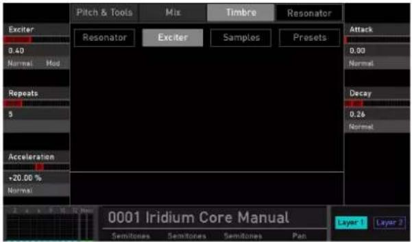 Pitch & Tools Mix Timbre Resonator Exciter Resonator Exciter Samples Presets Attack 0.40 Normal Mod Repeats $ Acceleration +20.00 % Normal 0.00 Normal Decay 0.26 Normal 0001 Iridium Core Manual Semifones Semifones Semifones Pan Layer 1 Layer 2