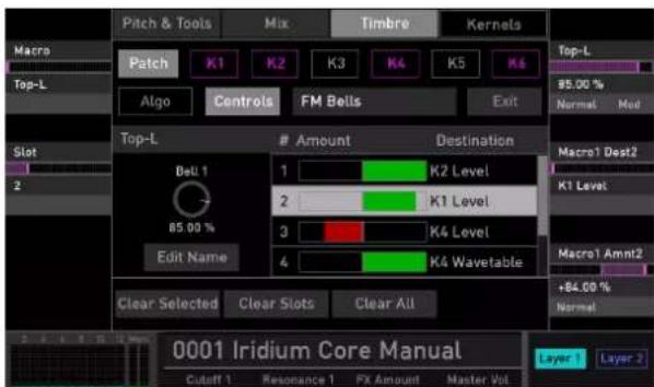 Pitch & Tools Mix Timbre Kernels Macro Top-L Patch K1 K2 K3 K4 K5 K6 Algo Controls FM Bells Exit Top-L 85.00 % Normal Mod Slot 1 2 Amount Destination Macro1 Dest2 Bcl 1 1 K2 Level K1 Level 85.00 % 2 K1 Level Edit Name 3 K4 Level 4 K4 Wavetable Macro1 Amnt2 +84.00 % Normal Clear Selected Clear Slots Clear All 0001 Iridium Core Manual Layer 1 Layer 2 Cutoff 1 Resonance 1 PX Amount Master Vol
