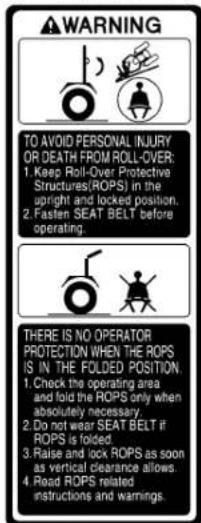 WARNING TO AVOID PERSONAL INJURY OR DEATH FROM ROLL-OVER: 1. Keep Roll-Over Protective Structures (ROPS) in the upright and locked position. 2. Fasten SEAT BELT before operating. THERE IS NO OPERATOR PROTECTION WHEN THE ROPS IS IN THE FOLDED POSITION. 1. Check the operating area and fold the ROPS only when absolutely necessary. 2. Do not wear SEAT BELT if ROPS is folded. 3. Raise and lock ROPS as soon as vertical clearance allows. 4. Read ROPS related instructions and warnings.