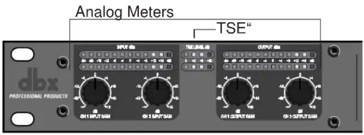 Analog Meters TSE" DBX PROFESSIONAL PRODUCTS INPUT CH1 INPUT DAM CH 2 INPUT DAM TSE LEVEL OUTPUT CH1 OUTPUT DAM CH 2 OUTPUT DAM