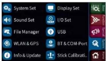 System Set Sound Set File Manager WLAN & GPS Info & Update Display Set I/O Set USB BT & COM-Port Stick Calibrati.
