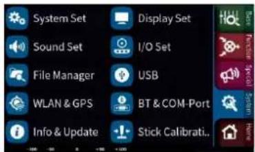 System Set Sound Set File Manager WLAN & GPS Info & Update Display Set I/O Set USB BT & COM-Port Stick Calibrati...