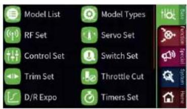 Model List RF Set Control Set Trim Set D/R Expo Model Types Servo Set Switch Set Throttle Cut Timers Set