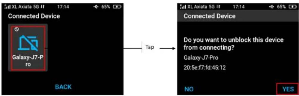 XL Axiata 5G IT 17:14 € 65% Connected Device Galaxy-J7-Pro BACK Tap Connected Device Do you want to unlock this device from connecting? Galaxy-J7-Pro 20:5e:f7:fd:45:12 NO YES
