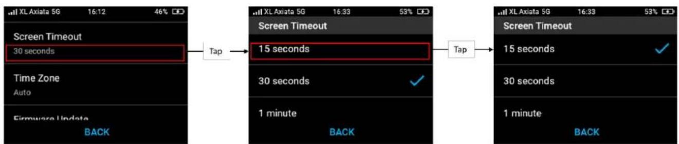 graph LR A["Screen Timeout\n30 seconds"] -->|Tap| B["15 seconds"] C["Time Zone\nAuto"] --> D["30 seconds"] E["Firmware Update\nBACK"] --> F["1 minute\nBACK"] B --> G["15 seconds"] F --> H["1 minute\nBACK"]