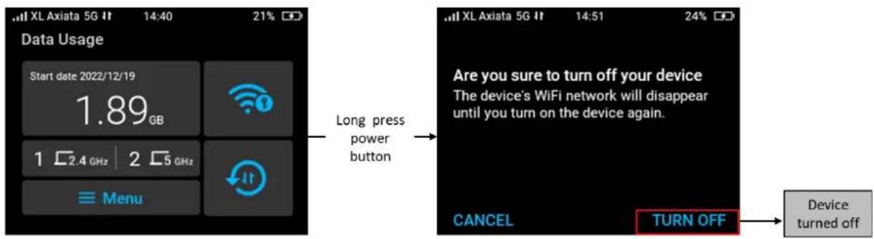 XL Axiata 5G IT 14:40 21% Data Usage Start date 2022/12/19 1.89 GB 1 2.4 GHz | 2 5 GHz Menu Long press power button Are you sure to turn off your device The device's WiFi network will disappear until you turn on the device again. CANCEL TURN OFF Device turned off