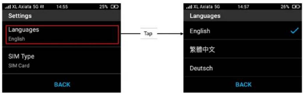 Settings Languages English SIM Type SIM Card BACK Tap Languages English 繁體中文 Deutsch BACK