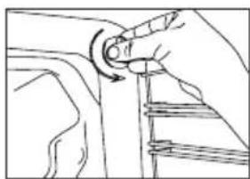 Line drawing of a hand adjusting a curved mechanical component with an arrow indicating rotation (no text or symbols).