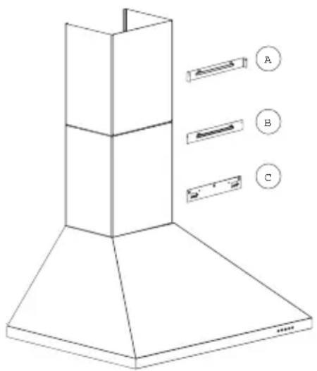 Technical diagram of a double-bay air duct with labeled components A, B, and C