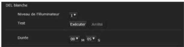 DEL blanche Niveau de l'Illuminateur 1▼ Test Exécuter Arrêté Durée 00▼ M 05▼ S