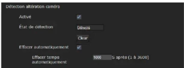 Détection altération caméra Activé État de détection Détecté Effacer Effacer automatiquement Effacer temps automatiquement 1000 5 après (1 à 3600)