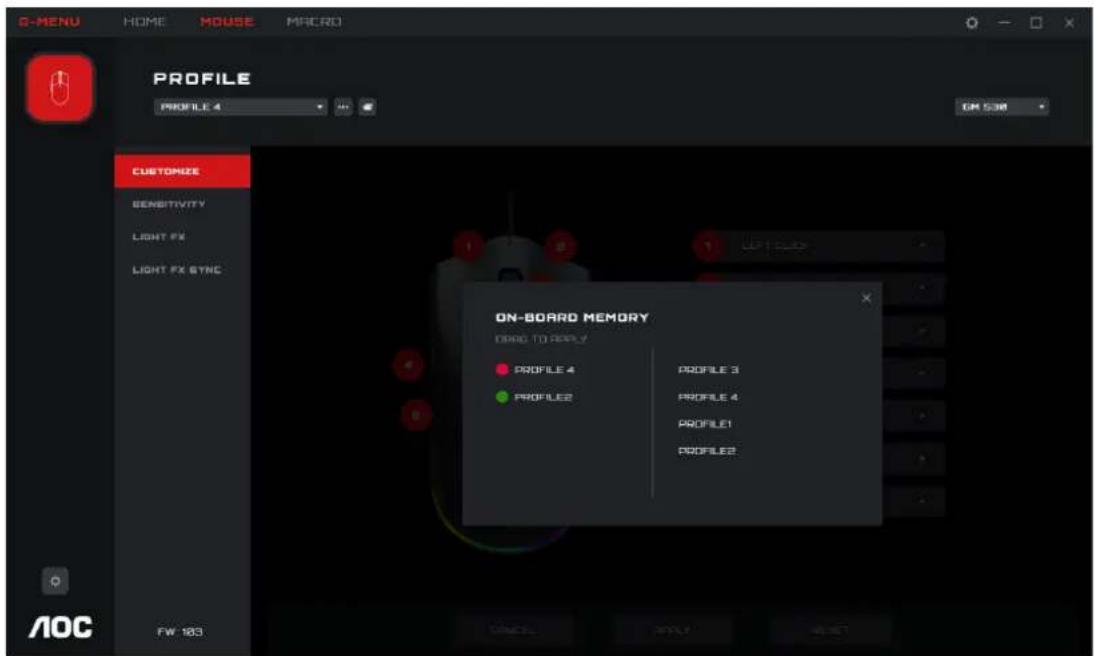 G-MENU HOME MOUSE MACRO PROFILE PROFILE 4 CUSTOMIZE SENSITIVITY LIGHT FX LIGHT FX SYNC ON BOARD MEMORY ORAND TO APPLY PROFILE 4 PROFILE2 PROFILE 3 PROFILE 4 PROFILE1 PROFILE2 FW 183
