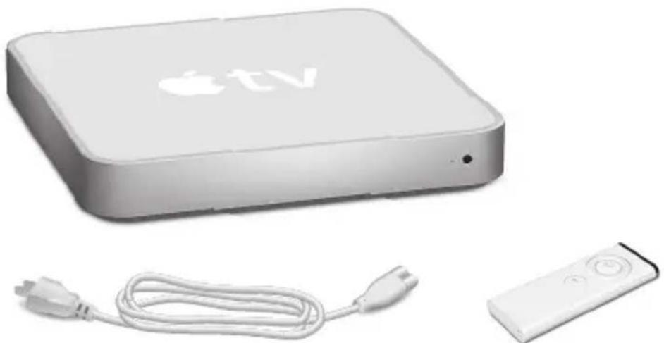 Exterior view of an Apple TV charging station with cable and remote control (no visible text or symbols).