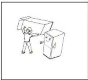 Simple line drawing of a person lifting a cardboard box next to a refrigerator (no text or symbols)