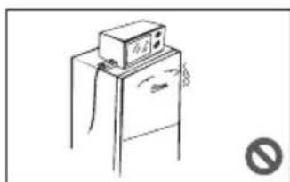 Line drawing of a refrigerator with a top-mounted appliance (no text or symbols)