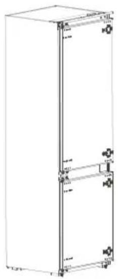 Technical line drawing of a vertical cabinet or enclosure with mounting flanges and doorways (no text or symbols)