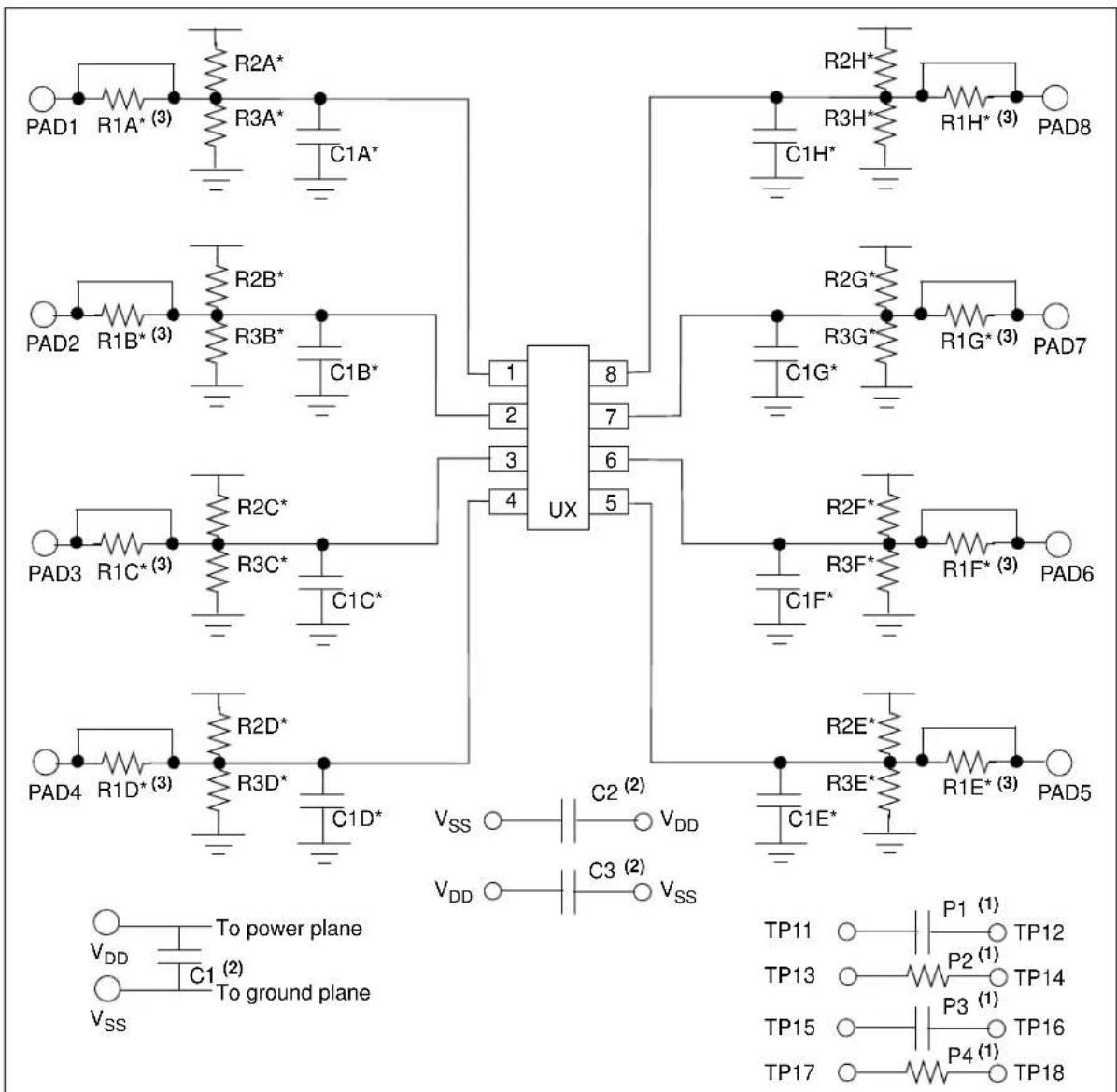 RAD1 R1A* (3) R2A* R3A* C1A* RAD2 R1B* (3) R2B* R3B* C1B* RAD3 R1C* (3) R2C* R3C* C1C* RAD4 R1D* (3) R2D* R3D* C1D* UX VSS C2 (2) VDD VDD C3 (2) VSS R2H* R3H* C1H* RAD5 RAD6 RAD7 RAD8 RAD9 RAD10 RAD11 TP11 TP12 TP13 TP14 RAD11 TP15 TP16 TP12 TP13 TP14 TP15 TP16 TP17 TP18 To power plane To ground plane