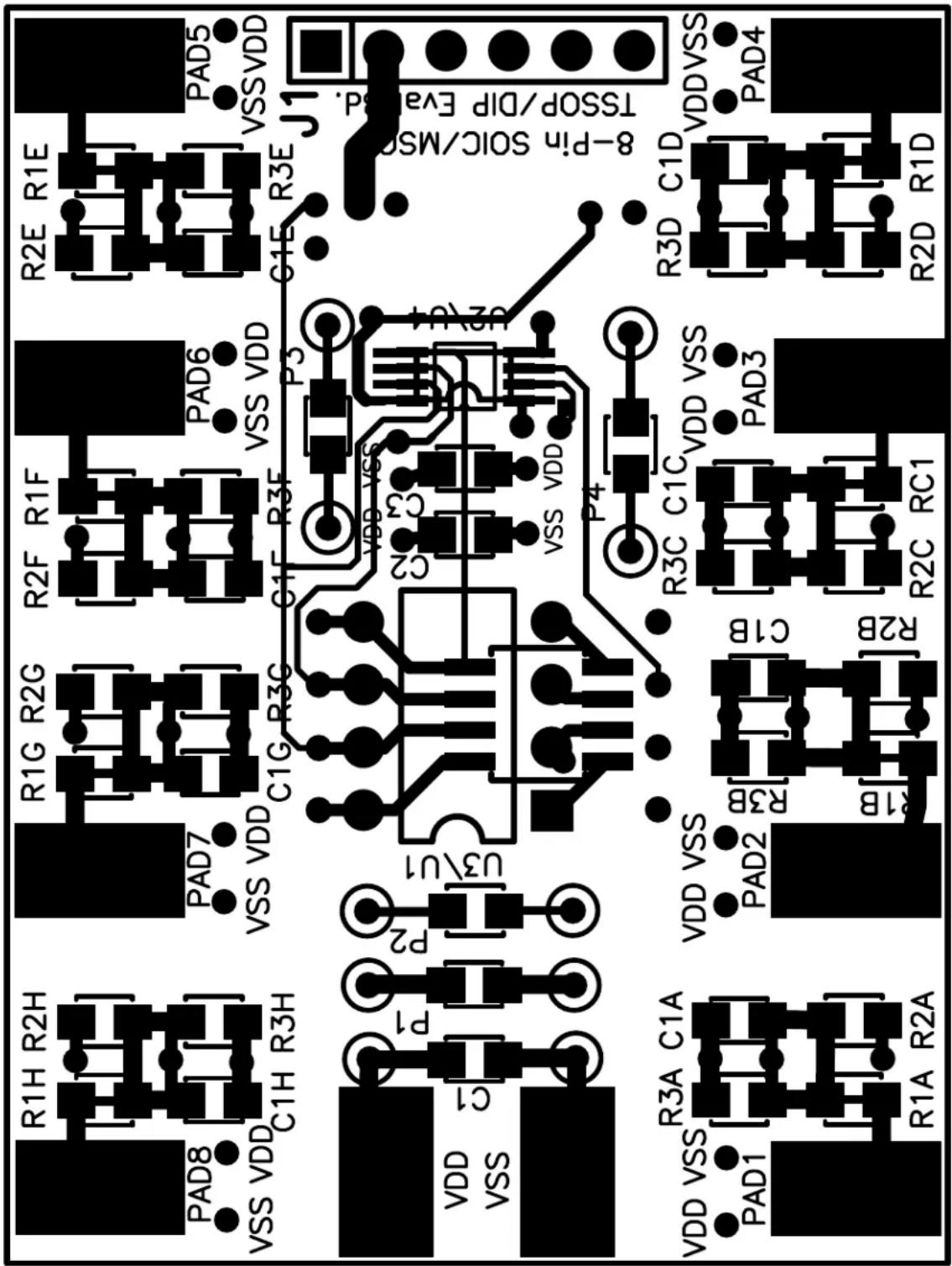 8-Pi 9 SOC/MSP TSSOP/DIP Eval.5.D. R2E R1E PAD5 VSSVDD C1E R3E J1 R2D R1D R3D C1D VDDVSS PAD4 R2D R1F PAD6 VSS VDD P3 U2 R2F R1F R3F VDD VSS C2 VSS VDD P4 R3C C1C VDD VSS PAD3 R2C RC1 R1G R2G C1G R3G PAD7 VSS VDD C1H R3H U3 U1 VDD VSS PAD2 R2B GND VDD VSS R3A C1A VDD VSS PAD1 R1A R2A