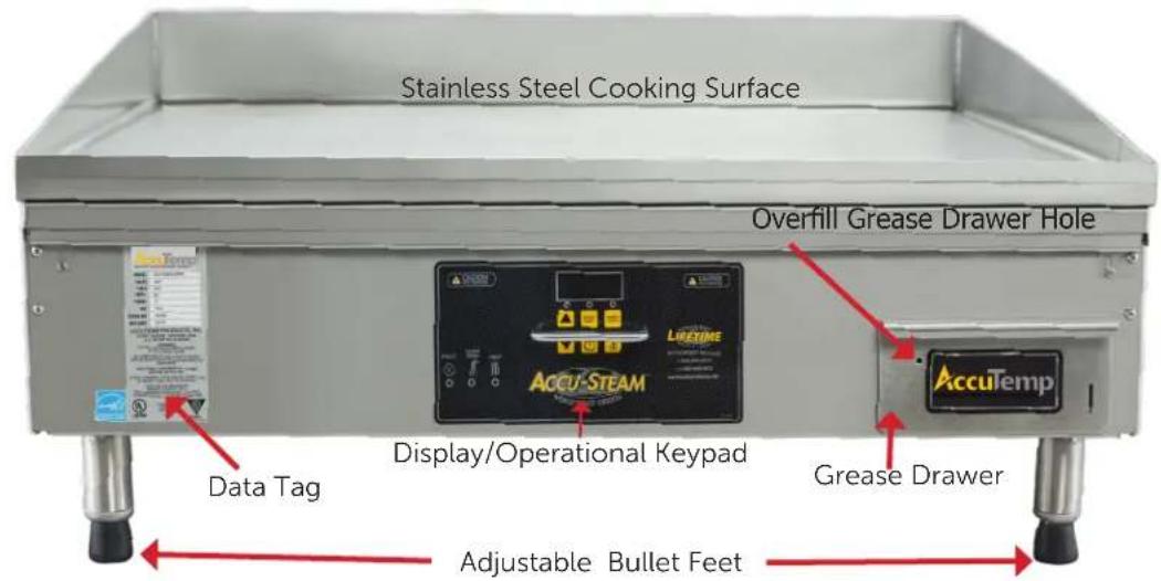 Stainless Steel Cooking Surface Overfill Grease Drawer Hole Data Tag Display/Operational Keypad Grease Drawer AccuTemp Adjustable Bullet Feet