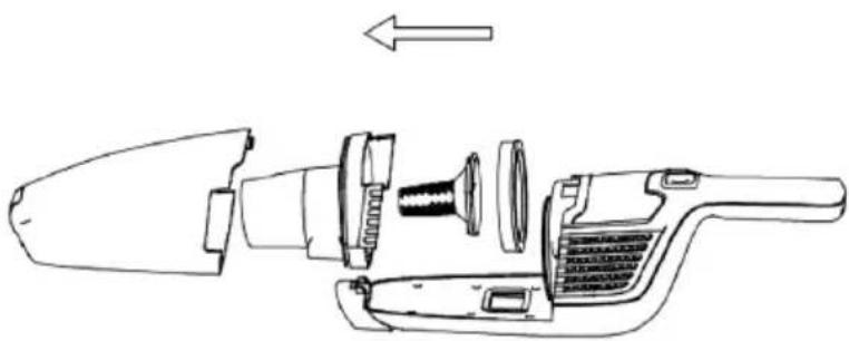 Exploded view diagram of a handheld device showing internal components and a directional arrow (no text or labels)