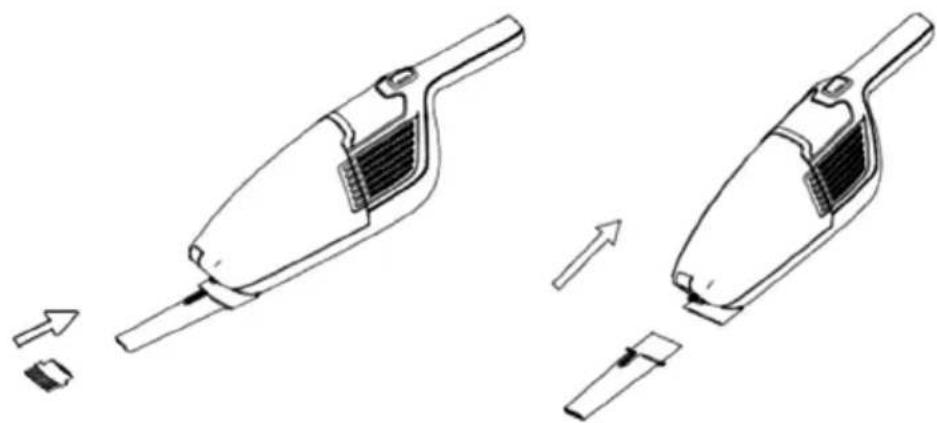 Technical line drawing of a two-step cleaning or disassembly process of a handheld vacuum cleaner (no text or symbols present)