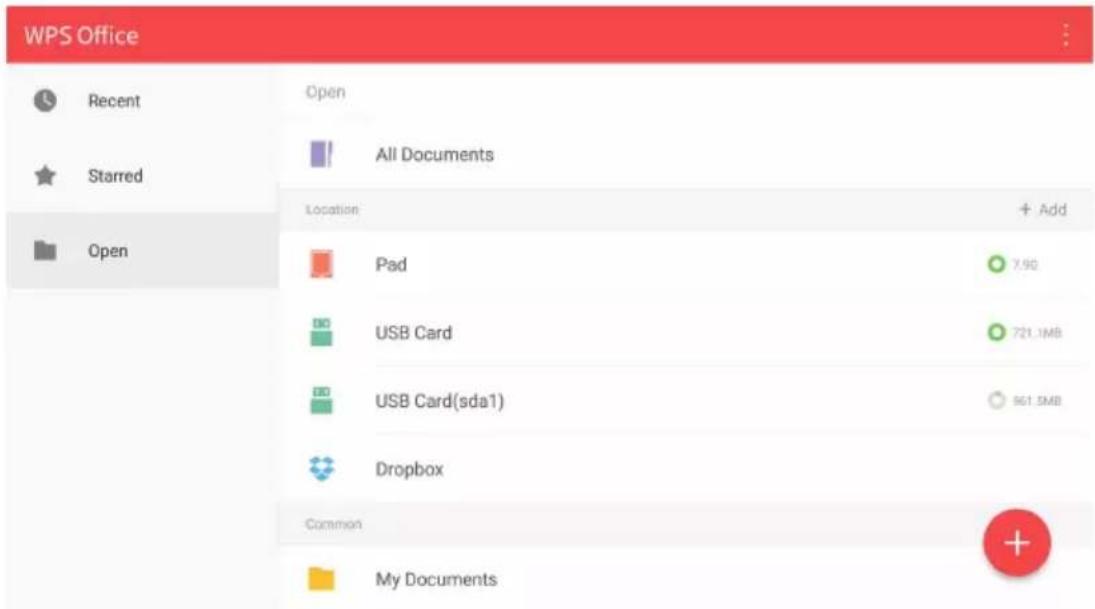 WPS Office Recent Starred Open All Documents Location + Add Pad 7.90 USB Card 721.1MB USB Card(sda1) 961.5MB Dropbox Common My Documents