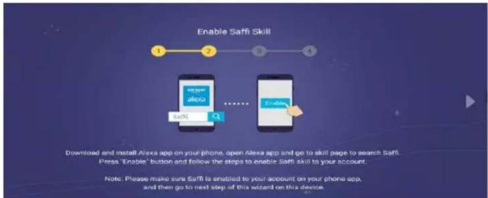 graph TD A["1: Download Alexa app"] --> B["2: Open Alexa app"] B --> C["3: Check up Alexa app"] C --> D["4: Enable Saffi skill to your account"]