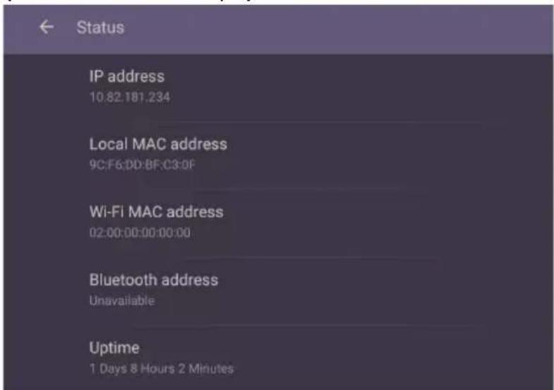 Status IP address 10.82.181.234 Local MAC address 9C:F6:D0:BF:C3:0F Wi-Fi MAC address 02:00:00:00:00:00 Bluetooth address Unavailable Uptime 1 Days 8 Hours 2 Minutes