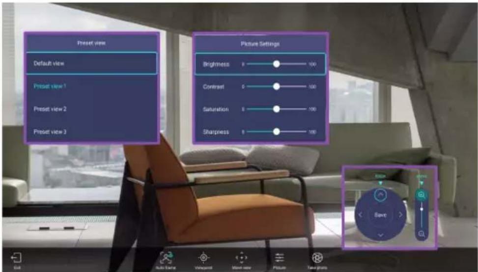 Preset view Default view Preset view 1 Preset view 2 Preset view 3 Picture Settings Brightness 0 100 Contrast 5 100 Saturation 8 100 Sharpness 8 100 Auto Scene Viewpoint Store now Picture Two pts Save