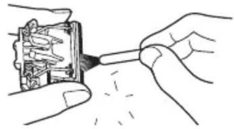 Illustration of hands using a tool to adjust or install a component, no text or symbols present