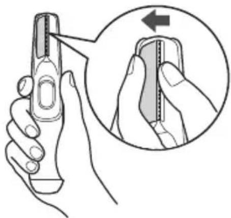 Illustration of a hand holding a pen or stylus, with an inset showing the pen being inserted (no text or symbols present)
