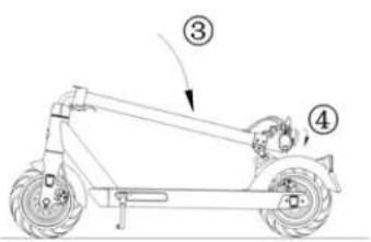 Diagram of an electric scooter with labeled parts and motion arrows indicating direction