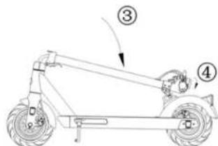 Diagram of an electric scooter with labeled parts and motion arrows indicating direction