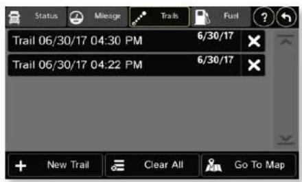Status Mileage Trails Fuel Trail 06/30/17 04:30 PM 6/30/17 Trail 06/30/17 04:22 PM 6/30/17 + New Trail Clear All Go To Map
