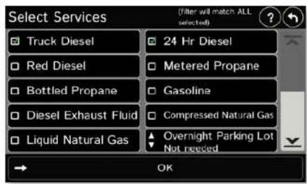 Select Services (Filter will match ALL selected) Truck Diesel 24 Hr Diesel Red Diesel Metered Propane Bottled Propane Gasoline Diesel Exhaust Fluid Compressed Natural Gas Liquid Natural Gas Overnight Parking Lot Not needed OK