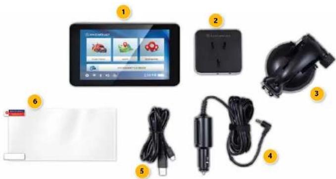 Product catalog image showing a tablet, charger, motor, cable, and accessories with numbered labels
