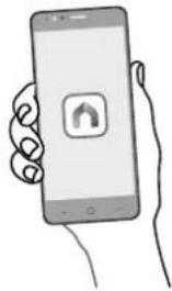 Hand holding a smartphone displaying a simple icon (no text or symbols present).
