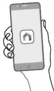 Hand holding a smartphone displaying a simple location pin icon (no text or symbols on the device screen)