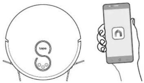 Illustration showing a circular device with 'TOPS' branding and a smartphone displaying a home icon (no text or symbols on main elements).