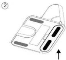 Diagram of a handbag with internal compartments and an upward arrow, no text or symbols present