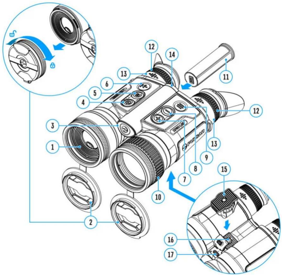 Technical diagram of a digital camera with numbered parts and exploded views showing internal components like lens, camera, and buttons.