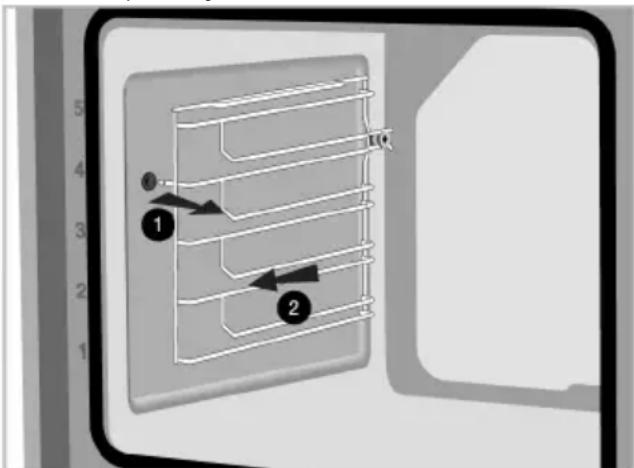 Diagram of a device panel with labeled components and numbered parts, showing internal structure and directional arrows.