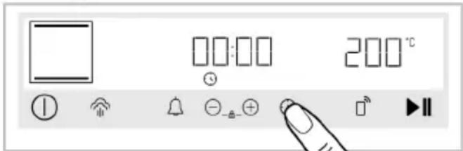Control panel interface with display, temperature, and function icons including alarm, Wi-Fi, alarm clock, and play button