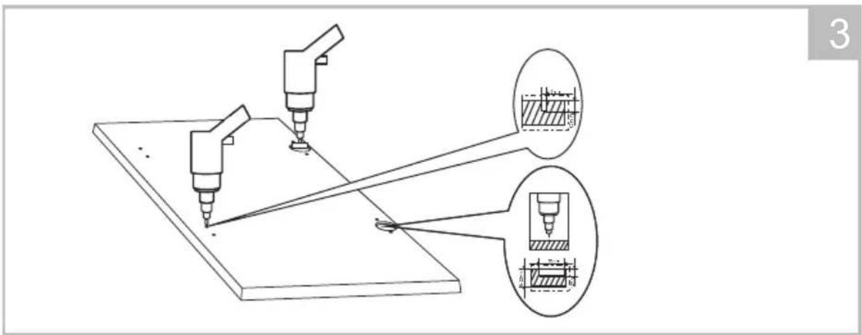 Technical diagram showing mechanical assembly with tool positions and cross-sectional views of a workpiece, labeled with dimension annotations.