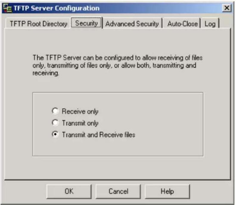TFTP Server Configuration TFTP Root Directory Security Advanced Security Auto-Close Log The TFTP Server can be configured to allow receiving of files only, transmitting of files only, or allow both, transmitting and receiving. Receive only Transmit only Transmit and Receive files OK Cancel Help