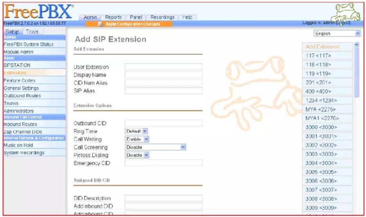 FreePBX® Admin Reports Panel Recordings Help FreePBX 2.7.0.2 on 192.158.50.77 Apply Configuration Changes Logged in: admin (Logout) Setup Tools Admin FreePBX System Status Module Admin Basic SIPSTATION Extensions Feature Codes General Settings Outbound Routes Trunks Administrators Inbound Call Control Inbound Routes Zap Channel DIDs Internal Options & Configuration Music on Hold System Recordings Add SIP Extension Add Extension User Extension Display Name CID Num Alias SIP Alias Extension Options Outbound CID Ring Time Default Call Waiting Enable Call Screening Disable Pinless Dialing Disable Emergency CID Assigned DID CID DID Description Add Inbound DID Add Inbound CID Add Extension 117 <117> 118 <118> 119 <119> 201 <201> 400 <400> 1234 <1234> MYA <2275> MYA1 <2276> 3000 <3000> 3001 <3001> 3002 <3002> 3003 <3003> 3004 <3004> 3005 <3005> 3006 <3006> 3007 <3007> 3008 <3008> 3009 <3009> English